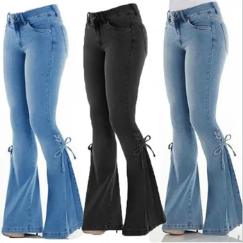 2021 Naiste Euroopa ja Ameerika Stiilis Teksad, Keskel Vöö-Lace-up Stretch Denim Jeans Naiste Riided Helendasid Püksid