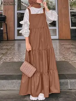 2022 ZANZEA Elegantne Sügisel Türgi Abaya Hijab Maxi Pikad Kleidid Moslemi Naiste Kleit Tahke Ruffles Sundress Riideid Rihmad Vestidos