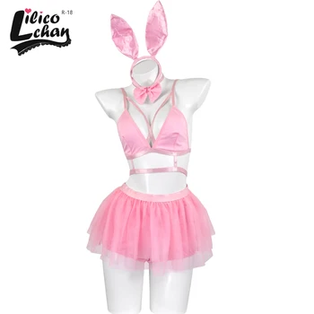 5 Tk Õõnes Läbi Võre Naiste Bunny Tüdruk Set Sidemega Roosa Cosplay Kostüüm Kawaii Pits Anime Backless Tempatation Läbi Näha Magus