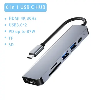 6 in 1 USB-C keskus HDMI-Koos PD Laadimine USB3.0 SD TF Mälukaardi Lugeja, USB-Splitter For Macbook Pro Samsung Galaxy USB 3.0 Hub