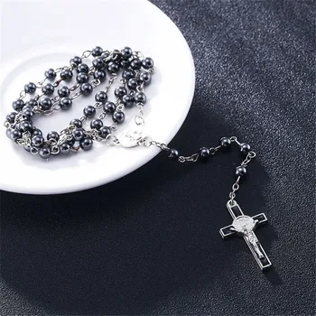 6mm hematiit rosaries helmed pikk kett kaelakeed mehed naised roosipärja Palve katoliku chotk jeesuse kristuse rist ripats ehted