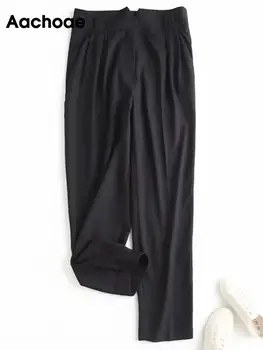 Aachoae Stiilne Naiste Mustad Püksid Kõrge Vöökoht Elegantne Pikad Püksid Lukuga Lady Pliiats Püksid Asukoht Kandma Põhjad Pantalon Femme