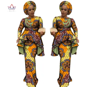 Aafrika Stiilis Bazin Riche Kleidid Naistele Kaks Tükki Set Naiste Pika Varrukaga Topid ja Pikk Aafrika Prindi Seelik Pluss Suurus WY2488