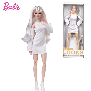 Barbie Allkiri Tundub Nukk Pikk Blond Täielikult Posable Mood Nukk Seljas Valge Kleit Platvorm Saapad Tüdruk Mänguasi Sünnipäeva Kingitus