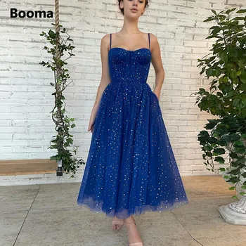 Booma Glitter Royal Blue Tähine Tülli Midi Tanssiaiset Kleidid Spagetid Rihmad Tee-Pikkus-Line Ametlik Õhtukleidid Pool, Hommikumantlid