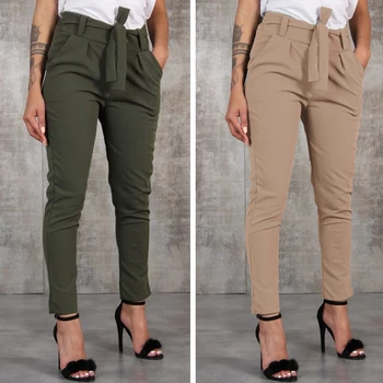 Casual Slim Sifonki Õhukesed Püksid Naistele Tiiva Kõrge Vöökoht Musta Khaki Roheline Püksid Naine Püksid