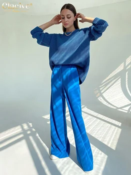 Clacive Fashion Sinine Asukoht Naiste Püksid 2021 Elegantne Lahti Kõrge Talje, Laiad Püksid Daamid Vabaaja Täies Pikkuses Püksid Naistele