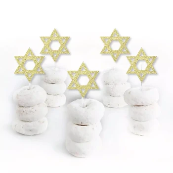 Gold Glitter Staar David Gold Glitter Magustoit Cupcake Toppers Hanukkah Selge Ravida Korjab -Komplekt 24