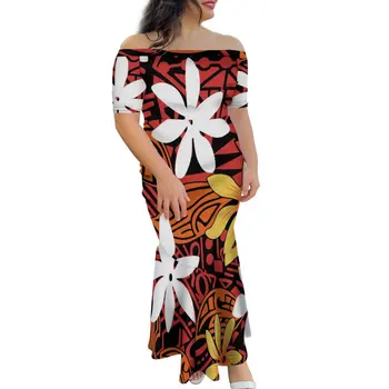 HD Prindi Hibiscus Custom Kohta Nõudluse Poole Õla Fishtail Kleit Tongan Stiilis Polüneesia Vaikse ookeani Saarte Kunsti Ühe Õla Kleit