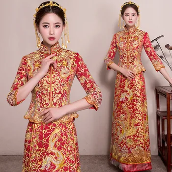 Hiinlaste Pruut Pulmad Kleit Slim Cheongsam Hiina Stiilis Abielu Set Peen Kostüüm Oriental Terviseks Riided
