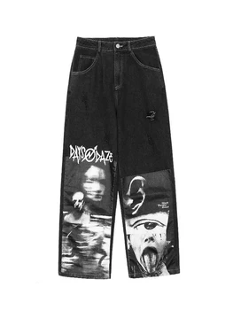 HOUZHOU Gooti Kottis Teksad Naistele, Punk Hipi Streetwear Prindi Y2K Lai Jalg Püksid Harajuku Grunge Denim Püksid Vintage 90s