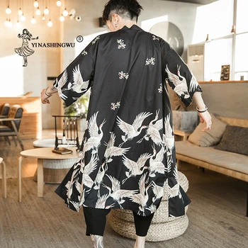 Jaapani Kimono Meeste Mood Vabaaja Pikk Jagu Kraana Prindi Kimonos Yukata Mehed Kimono Jakk Meeste Cosplay Kostüüm Yukata Naised