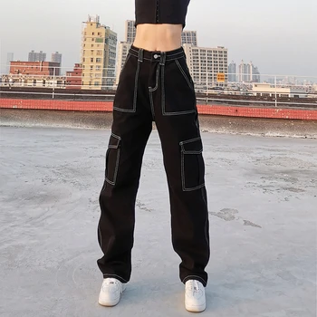 Jaapani Streetwear Kontrasti Õmblema Kottis Y2K Cargo Püksid Naistele Armas Tüdrukute Kõrge Vöökoht Sirge Jalg Must Y2K Teksad