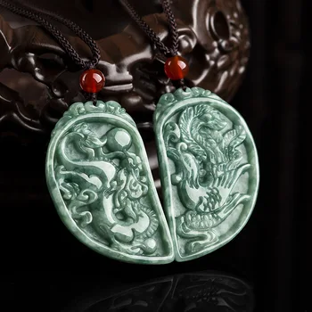 Jade Dragon Phoenix Paar Ripats Choker Vintage Amulett Loomulik Birma Featured Ehted Kaelakee Gemstone Võlusid Emerald