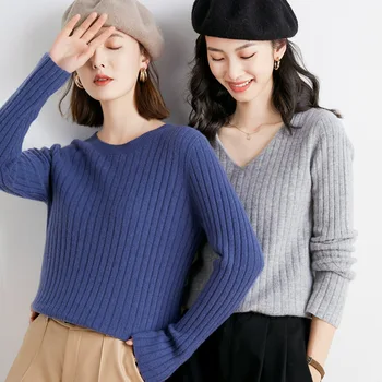 Kevad ja Sügis Naiste Kootud Kampsun Uus korea Solid Color Slim Ringi/V-kaeluse Pullover Suure Venitada Pikad Varrukad Baasi Tops