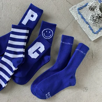 Klein Blue Socks Fashion Kirja Smiley Naiste Puuvillane Põlve Kõrge Sokid Naistele, Retro Stiil Casual Street Sport Harajuku Sokid