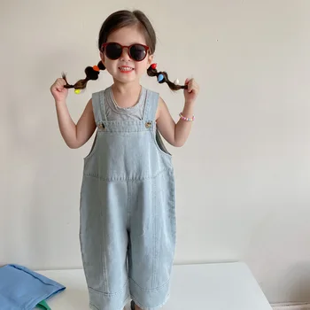 Laste Denim Tunked Poisid Tüdrukud Varrukateta Playsuit Romper Püksid 2022 korea Fashion Kids Teksad Beebi Suspender Püksid
