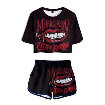 Luksus Heavy Metal ansambli Maneskin 3D Print T-särgid, lühikesed püksid Püksid Kaste naba Lühikesed Varrukad Sobib Tüdrukud Seksikas Kaks Tükki, komplekti