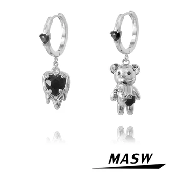 MASW Armas Väike Karu Kõrvarõngad Originaalne Disain Kõrge Kvaliteedi Messing Paks Pinnatud Hõbe Must Südame Kõrvarõngad Naiste Ehted
