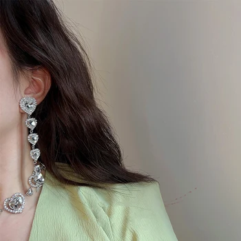 MENGJIQIAO korea Luksus Südame Crystal Pikk Tilk Kõrvarõngad Naistele Liialdatud Rhinestone Pendientes Pool Ehted Kingitused