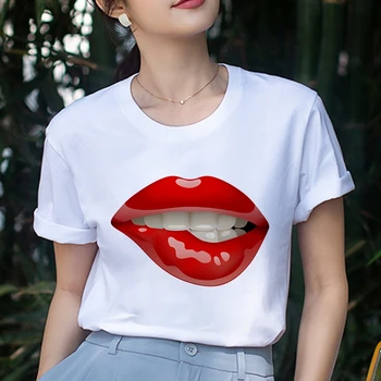 Mood omen O Kaela Lühikesed Varrukad Tshirt Harajuku Seksikas ilu huuled trükitud T-särk Vabal korea stiilis tops valge T-särk naine