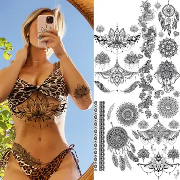 Must Henna Lotus Ripats Ajutiste Tätoveeringute Naiste Täiskasvanud DreamCatcher Elevant Võltsitud Tätoveering Body Art Underboob Tatoos