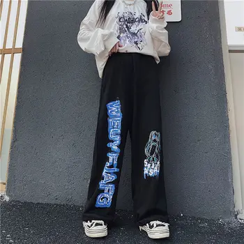 Naiste Harajuku Mood Joggers Püksid Korea Kawaii Mõõdus Anime Prindi Lai Jalg Püksid Jaapani Streetwear Kottis Y2k Püksid