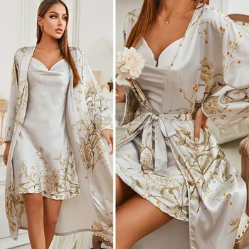 Naiste Hommikumantel&Chemise Nightgowns Prindi Kirss Twinset Rüü Sobiks Satiin Kiik Krae Seksikas Sleepwear Kimono Vann Kleit Pesu