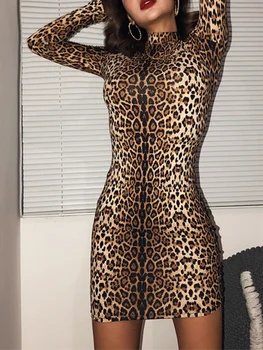 Naiste Y2K Mini Bodycon Kleit Leopard Printida Tiiger Muster, kõrge kaelusega Pika Varrukaga Kleit Kevad Sügis Partei Klubi Riietus
