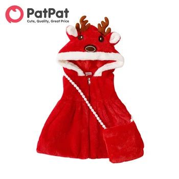 PatPat Jõulud 2tk Beebi Tüdruk Hirvesarve Kapuutsiga Varrukateta Termilise Fuzzy Kleit Karv Crossbody Kott Komplekt