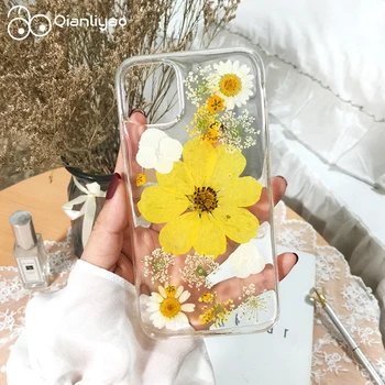 Qianliyao Reaalne kuivatatud lill, telefon case for iphone 14 13 12 11 pro max X XS XR 7 8 plus 6s SE looduslikke käsitöö lill, pehme kaas