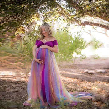 Rasedus Photoshoot Kleit Rainbow Flowy Raseduse Riietus Kleit Lapseootel Naiste Fotograafia Elegantne Pikad Kleidid Baby Shower