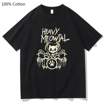 Raske Meowtal Kass Trükitud T-särk Metal Muusika Naljakas Graafiline Tshirt Mood Mens Tops Särk 100% Puuvill T-Särgid Suveks Mees