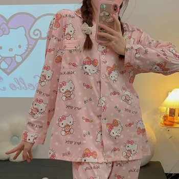 Sanrios Pajama Komplekti Kawaii Hello Kitty Pidžaama Naiste Kevad-Sügis Cute Cartoon Vabaaja Siserõivad Pikad Varrukad Püksid Komplekt