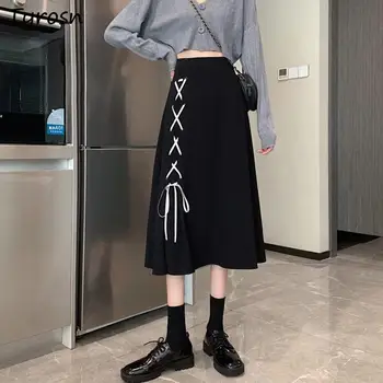 Sidemega Seelikud Naised Kõik-mängu Hot Müük Tahke Must Streetwear Elegantne korea Fashion Impeeriumi-line Riided Midi Seelik Naiselik