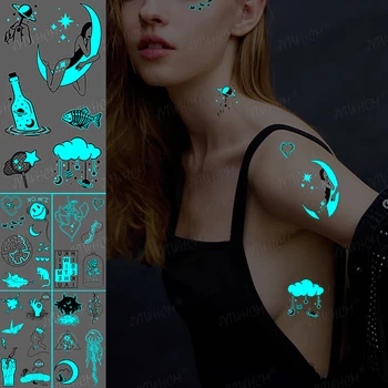 Sinine Hõõguv Tätoveering Kleebised Moon Tüdruk Veekindel Ajutise Pilve Star Tätoveering Väike Tattoo Flash Body Art Võltsitud Tätoveeringud Mehed Naised