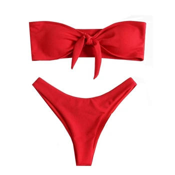 Tasuta kohaletoimetamine Uus Naiste Ujumistrikoo Polsterdatud trikoo Puhta Värvi 2022 Bikiinid Kõrge Vöökoht Olkaimeton Sexy Bikini Naiste Ujumisriided
