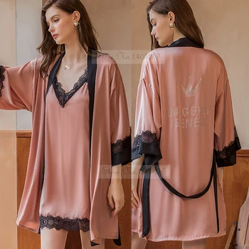 Twinset Kimono Hommikumantel Kleit Sobiks Seksikas Naiste Kive Pulm Kleit Nightgowns Set Suvel Satiin Sleepwear Pits Siserõivad