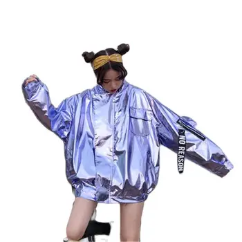 Unisex Harajuku Pommitaja Laser Lukuga Jakk Lahti Päikesekaitsetoodete Paarid Karv Silver Cardigan Paarid Etapp Tantsu Show Outwear Tops