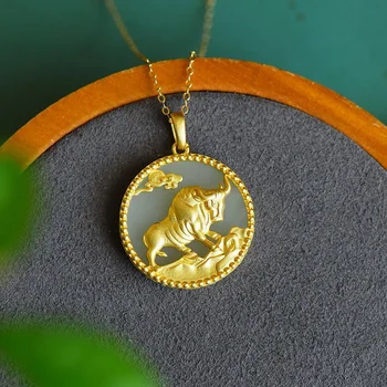 Vana Kuld Käsitöö Loomulik Hetian Jade Ring Brändi Bull Ripats Daamid Kaelakee Hiina Vintage Võlu Hõbe Ehted