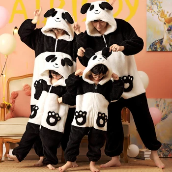 Vanema-Lapse Riided Pijamas Jumpsuits Kawaii Cartoon Panda Naised Mehed Sleepwear Hupparit Talvel Paksenema Pidžaama Onesie Pidžaamad