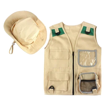 Vastupidav Väljas Explorer Komplekt Lapsed Khaki Lasti Vest ja Müts Komplekt 4 Taskut Safari Kostüüm Kleit Üles Park Ranger Loomaaia Pidaja