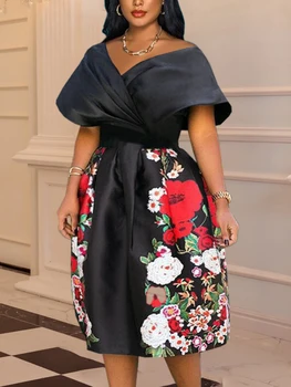 Vintage Naiste Mustad Kleidid Ametliku Flora Prindi Plisseeritud Lühikesed Varrukad Retro Fashion Pool Kuulsus Sünnipäeva Riided Jäävad 2023 XXL