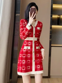 Vintage V-Kaelus Pikad Varrukad Kootud Kleidid Naistele Poole Ruuduline Kudumise Bodycon Kleit Punane Riietus Talvel 2022 Jõulud