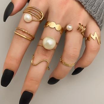 VKME Boho Kulla Värvi, seest Õõnes Rõngad Komplekt Naistele Vintage Geomeetriline Pearl sõrmustes Naine Trendikad Ehted Kingitus