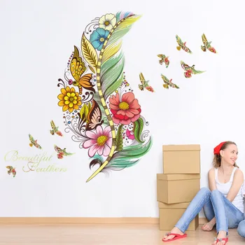 Värvikas 3D Elavat Sulg Lilled Seina Kleebised Home Decor Liblikas Linnud Kunst Seinamaaling PVC isekleepuvad Külmik Tapeet