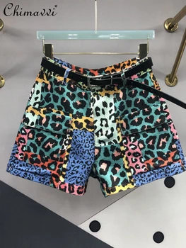 Värvikas Leopard Printida Denim lühikesed Püksid Naistele 2022 Suvel Uus Mood Kõrge Vöökoht Salendav Plaaster Suur Tasku Lai Jalg Kuuma Püksid