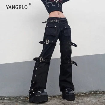 Yangelo Y2K Punk Must Luku Püksid Harajuku Kõrge Vöökoht Suur Tasku Püksid Goth Mall Grunge Cargo Püksid Techwear Naised